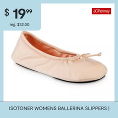 You�ll love the chic details of these Isotoner women�s ballerina slippers when you want to slip on a pair of cozy flats for lounging at home. Made from a recycled blend with a satin finish, these round-toe flat shoes have a quilted insole with memory foam cushioning and also come adorned with a tie on the front. Wear them with your favorite pair of sweatpants or jeans and a hoodie.Features: Memory FoamBase Material: 88% Recycled Polyester, 12% SpandexUpper/Outer Base Material: 100% PolyesterSho… Non-slip Ballet Flats With Round Toe, Non-slip Slip-on Flats, Non-slip Ballet Flats, Comfortable Non-slip Flats, Slippers White, Ballerina Slippers, The Chic, Flat Shoes, Home Made