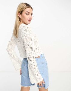 Tops by Monki Summer, styled Round neck Flared sleeves Regular fit Trendy Long Sleeve Crochet Top For Spring, Summer Open Knit Long Sleeve Tops, Long Sleeve Textured Knit Summer Tops, Textured Knit Long Sleeve Tops For Summer, Trendy White Long Sleeve Summer Top, Trendy White Long Sleeve Top For Summer, Casual Long Sleeve Crochet Top With Textured Knit, Casual Long Sleeve Pointelle Knit Crochet Top, Casual Long Sleeve Crochet Lace Blouse