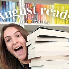 a woman is holding books in front of her face with the words augustreads by ratings