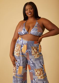 This bralette is crafted from printed pliss�-satin that keeps in toe with the resort trendiness that we love as worn as a three-piece moment with an open-front shirt and straight-leg pants. Summer Triangle Top Crop Top For Loungewear, Summer Triangle Crop Top For Loungewear, Summer Loungewear Triangle Crop Top, Cropped Beach Sets For Summer, Cropped Sets For Beach In Summer, Cropped Sets For Summer Beach Outing, Cropped Summer Beach Set, Cropped Summer Sets For Vacation, Summer Cropped Sets For Vacation