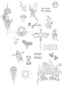 an ink drawing of various tattoos and designs on white paper with the words, i'm