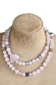 Long rose quartz beaded necklace, pink statement necklace, self love beaded necklace, handmade necklace, work style necklace, Pink Rose Quartz Necklace With 8mm Beads, Hand-strung Rose Quartz Necklaces For Healing, Rose Quartz Healing Necklace Hand-strung, Hand-strung Pink Rose Quartz Necklace, Pink Statement Necklace, Bead Making, Rose Quartz Beads, Handmade Jewelry Designs, Beaded Necklaces