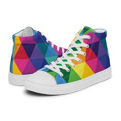 Step up your shoe game with the High Top Canvas Shoes. These handmade, trendy shoes are sure to spice up your outfit. Get yours now! * 100% polyester, canvas upper side * Ethylene-vinyl acetate (EVA) rubber outsole * Breathable lining, soft insole * Faux leather toe cap * White laces * Padded collar, lace-up front * Blank product sourced from China Important: This product is available in the following countries: United States, Canada, Australia, New Zealand, and Japan. If your shipping address i Multicolor Canvas High-top Sneakers With Round Toe, Multicolor Canvas High-top Sneakers, Funky Multicolor High-top Sneakers, Casual Multicolor High-top Custom Sneakers, Trendy Multicolor Lace-up High-top Sneakers, Multicolor High-top Sneakers For Summer, Multicolor High-top Canvas Sneakers, Summer Multicolor High-top Sneakers, High-top Multicolor Canvas Shoes For Streetwear