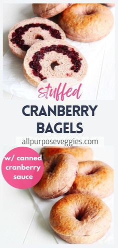 cranberry bagels are stacked on top of each other with the words stuffed cranberry bags above them