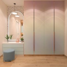 an empty bathroom with white walls and wooden flooring next to a mirror on the wall