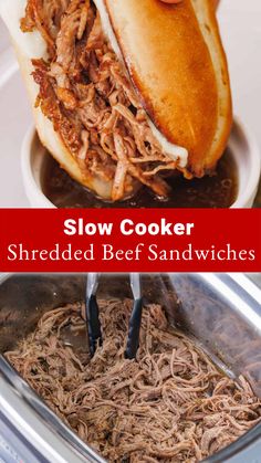 Juicy Slow Cooker Shredded Beef is a must-try crock pot recipe. Use it to make shredded beef sandwiches for dipping au jus, or store or freeze leftovers for easy meal prep. Italian Roast Beef Crock Pot Sandwich Recipes, Shredded Beef Recipes Sandwiches, French Dip Crock Pot Shaved Beef, Shredded Beef Au Jus, Slow Cooker Hot Beef Sandwiches, Pulled Beef Crock Pot Recipes Sandwiches, Shredded Venison Sandwiches, Slow Cooker Beef Sandwiches Crock Pot, Roast Beef Sandwiches Crock Pot Recipes