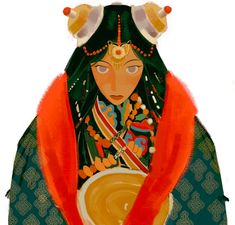 a painting of a woman with horns on her head, holding a bowl in one hand