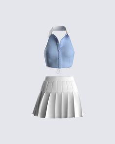 Vitellia Vivacious Set Summer Pleated Tennis Dress, Pleated Tennis Dress For Summer, Summer Tennis Dress With Pleated Skirt, Chic Blue Summer Tennis Skirt, Outfit With Pleated Skirt, Blue Top And Skirt, Top And Skirt Outfit, Trendy Summer Tops, Pink Alternative Fashion