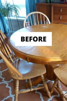 a wooden table and chairs with the words before written on it in front of them