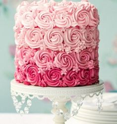 a close up of a cake on a plate with pink frosting and rosettes