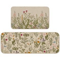 two placemats with flowers and plants on them, one has a white background