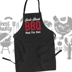 a black apron with the words bbq on it and an image of a chicken