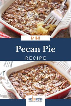 the recipe for pecan pie is in a casserole dish with a fork