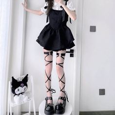 Material: lace, spandex, pu Color: Black Option: One pair ribbons, One pair lace stockings, One ribbon+One lace stocking Size for ribbon garters: Circumstance: 38cm (stretchy) Garter width: 2.5cm Ribbon length: 138cm Ribbon width: 1cm Garter Outfit Skirts, Lace Stockings Black, Garter Stockings, Black Garter, Alt Goth, Girl Punk, Lace Stockings, Harajuku Women, Crop Top Sweatshirt