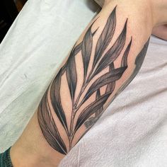 a black and white photo of a leaf tattoo on the arm