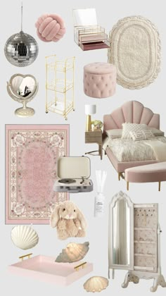 a collage of pink and gold furniture, mirrors, rugs, lamps, and other items