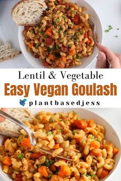 a bowl filled with pasta and vegetables next to a plate full of toasted bread