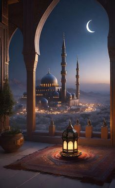 a lantern is lit in front of a view of the sky and mosques at night