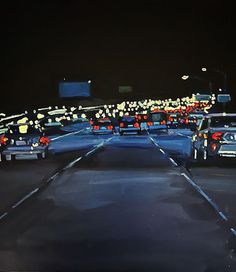 an oil painting of cars driving down a highway at night