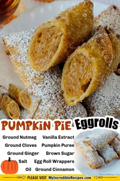 pumpkin pie eggrolls are piled on top of each other with powdered sugar