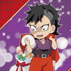 an anime character with black hair and red pants, holding a bag in his hand