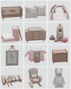 the baby's nursery furniture and accessories are arranged in different sizes, shapes, and colors