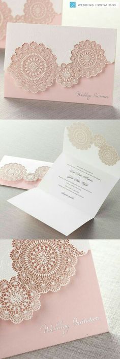 wedding stationery with pink and gold lace on the front, and white paper on the back