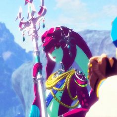 an animated woman holding a pole in front of mountains