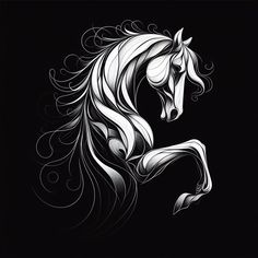 a black and white horse with swirls on it's back legs, running