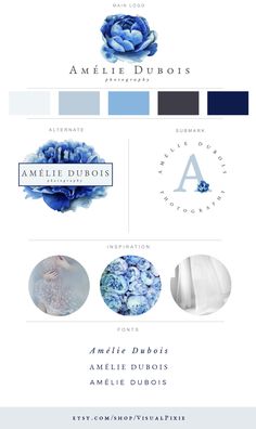 the logo design for amelie dufois is shown in blue and white, with an elegant