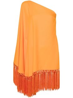 tangerine orange crepe texture asymmetric body one-shoulder cape-style long wide sleeve fringed edge thigh-length concealed side zip fastening Sunset Costume, Taller Marmo, Shoulder Cape, Cape Style, Short Fringe, Tangerine Orange, Wide Sleeves, Summer 2024, Short Dress