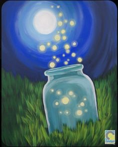 an acrylic painting of a jar with fireflies coming out of it in the night sky