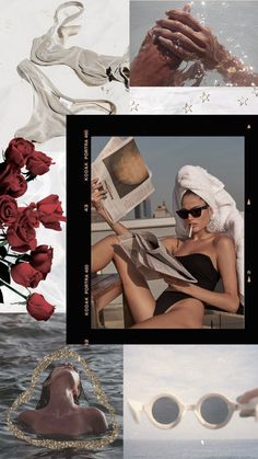 a collage of photos with flowers, sunglasses and an image of a woman in the water