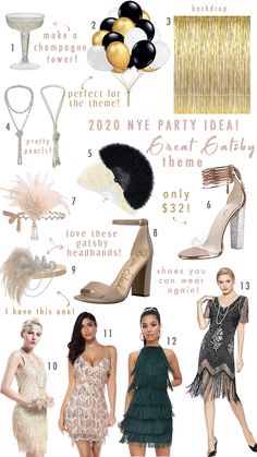 different types of dresses and accessories for the new year's eve party in gold, black