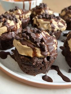 chocolate cupcakes with peanut butter frosting and chocolate chips on a white plate