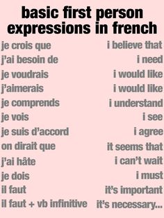 a pink poster with words in french and english on the bottom right hand corner that says basic first person expressions in french