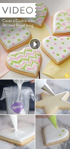 the video shows how to decorate cookies with fondant and royal icing, as well as decorating them