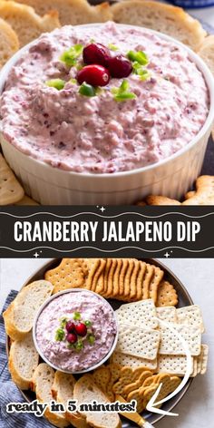 cranberry jalapeno dip in a bowl with crackers on the side