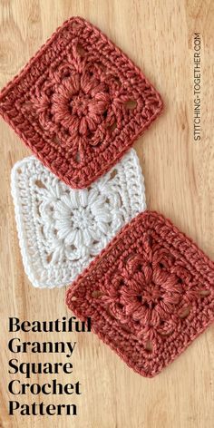 two crochet granny square patterns on a wooden surface