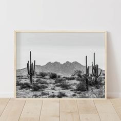 a black and white photo of cactus in the desert with mountains in the back ground