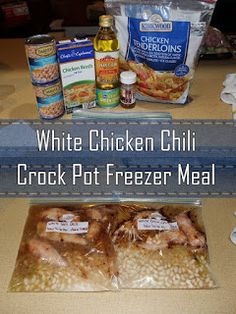 white chicken chili crock pot freezer meal on a counter top with the words, white chicken chili crock pot freezer meal