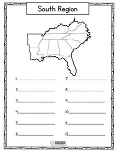 a map of the state of south region with numbers and words to print out for kids