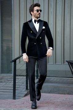 Radiate confidence in our Black Velvet Double Breasted Tuxedo 2-Piece, a classic yet modern ensemble that's sure to turn heads. Crafted from luxurious velvet, this tuxedo features a double-breasted jacket that exudes timeless charm and sophistication. Paired with tailored trousers, it offers a sleek and polished look.  #blacktuxedo #tuxedo #velvettuxedo #suit #suits #slimfit #menstyle #menfashion #fashioninspo #formalwear #menclothing #formalattire Double Breasted Suit Groom, Types Of Tuxedos For Men, Suit For Reception Men, Old Hollywood Tuxedo, Mens Wear Wedding Receptions, Reception Suits For Men, Mens Tuxedo Styles, Black Coat Pant For Men