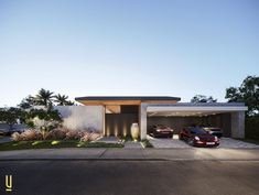 two cars are parked in front of a modern house at dusk with palm trees on the other side