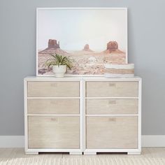 a white dresser with two drawers and a potted plant on top in front of it