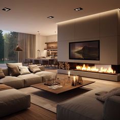 modern living room with fireplace and large windows