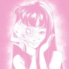 a drawing of a girl with long hair holding her face in front of her eyes