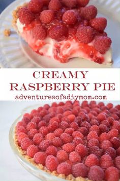 a pie with raspberries on top and the words creamy raspberry pie above it