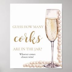 a card that says guess how many corks are in the jar? with pearls around it