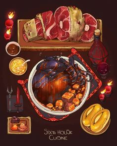 a table topped with lots of different types of meats and condiments on top of it